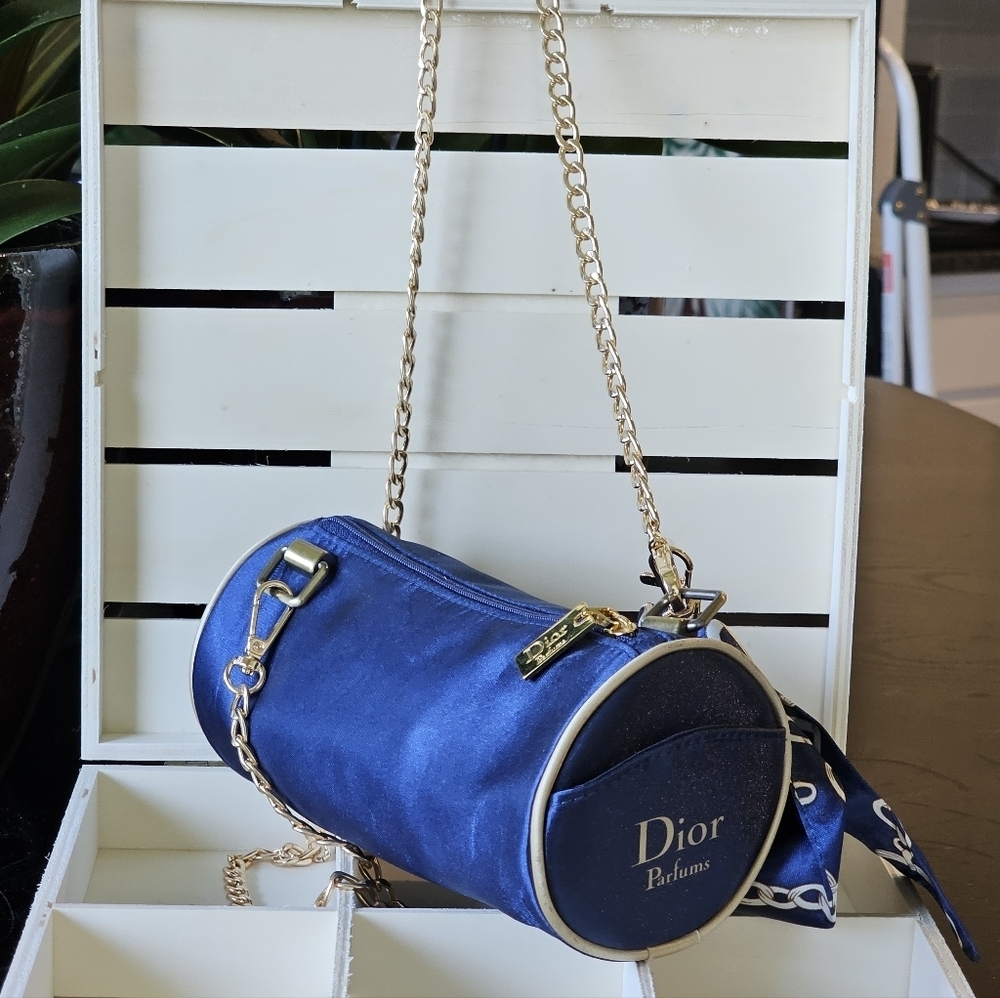 Christian Dior Blue Cylindrical Clutch W/Crossbody Chain/Tassel/Twilly Added